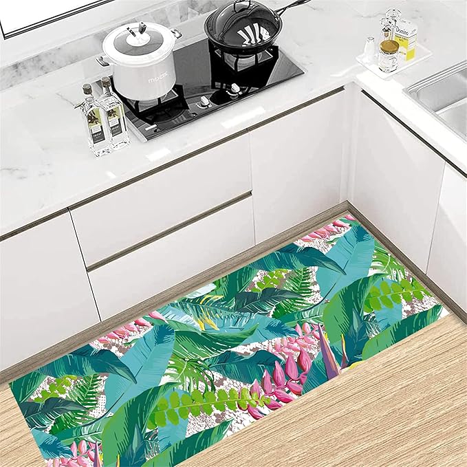 Tropical Rug Runner 2x6ft - Non-Slip Durable Floral Leaf Pattern Carpet for Hallway, Stairs, Entryway, Easy Clean Floor Decor