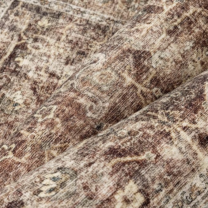 9x12 Rust Vintage Area Rug for Living Room Bedroom Distressed Rustic Large Carpet Non-Slip Low Pile Lightweight Vacuumable Soft Washable Throw Rug for Indoor Dining Room