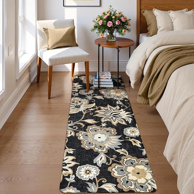 Lahome Floral Washable Runner Rug - 2x6 Runners for Hallways Non-Slip Low-Pile Kitchen Rug, Black Paisley Print Carpet for Laundry Bedroom Entryway （(2’X 6’, Blacak)