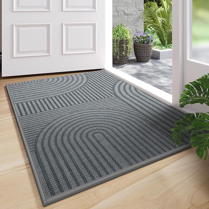 Front Door Mat 31''x47'', Absorbent Muddy Dirt Resist Washable Non Slip Low-Profile Indoor Doormat, Easy Clean Welcome Entryway Door Mats, Grey