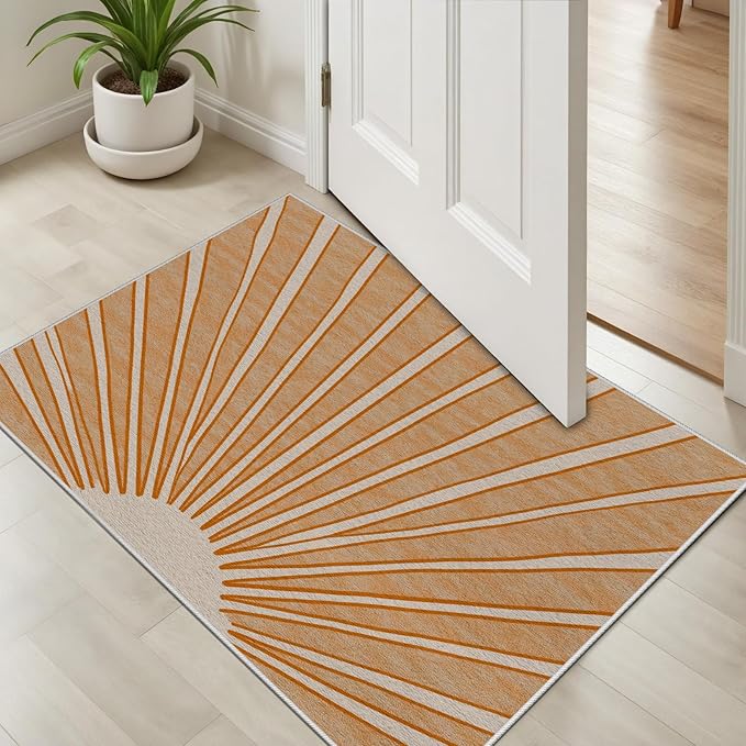 Boho Sun Print Area Rug for Living Room 5x8, Modern Abstract Non-Slip Washable Rugs, Soft Stripe Minimalism Carpet for Bedroom, Nursery, Entryway, Dining Room & Office Decor, Orange White