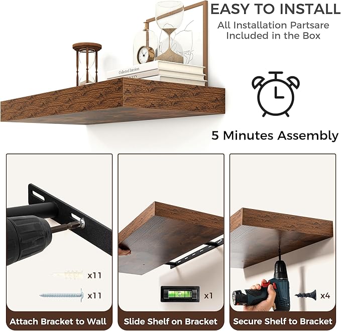 Venusmiles Floating Shelves for Wall, 55 Inch Floating Shelves Set of 2, 6.5" D Wooden Wall Mounted Display Shelves with Invisible Brackets for Living Room, Bedroom, Bathroom, Kitchen Decor, Brown