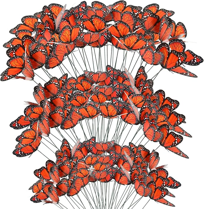 Augshy 75pcs 3D Monarch Butterfly Stakes Artificial Garden Monarch Butterfly Decorations for Day of The Dead Dia De Los Muertos Decor Halloween Party Supplies (3 Size)