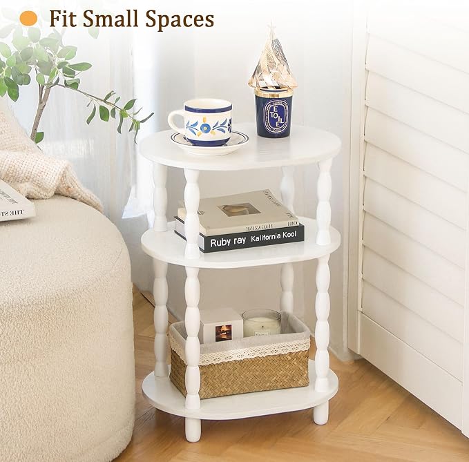MaxSmeo White Side Table, 3-Tier Small Oval End Table, Modern Night Stand Wood