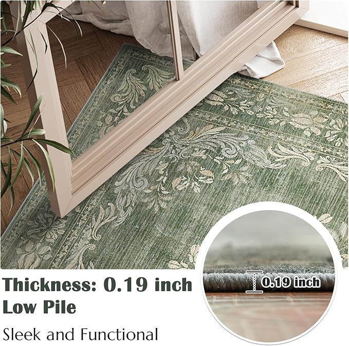 jinchan Green Floral 3x5 Area Rugs for Entryway - Machine Washable Vintage Distressed Design Low-Pile Soft Non-Shedding Carpet for Kitchen Bedroom Entrance Laundry Living Room (3x5ft,Dark Green)