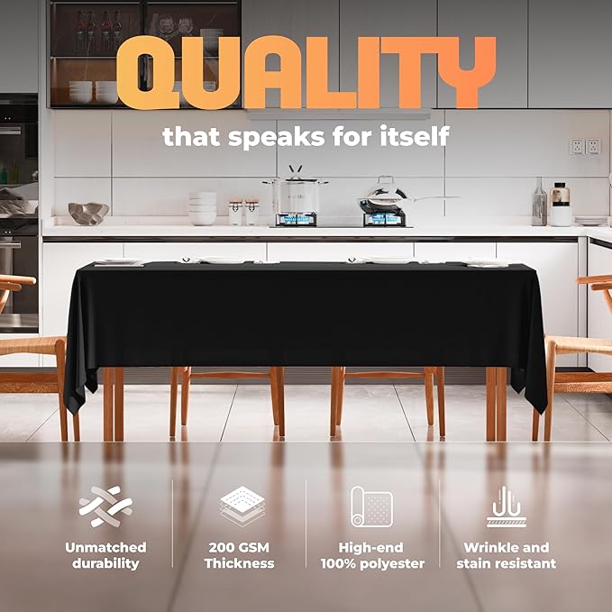 White Classic WEALUXE Black Table Cloth for 8 Foot Rectangle Tables, 60x126 inches, Water, Stain and Wrinkle Resistant, 200 GSM Washable Poly Fabric Tablecloth Rectangular, Elegant and Durable