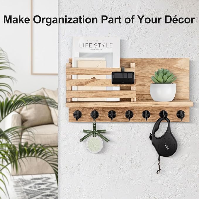 Lwenki Key Holder for Wall – Decorative Wooden Mail Holder and Key Shelf with Mounting Hardware, Installation Guide – Paulownia Wood with Metal Key Hooks (Wood, Extra Large - 15.6inch)