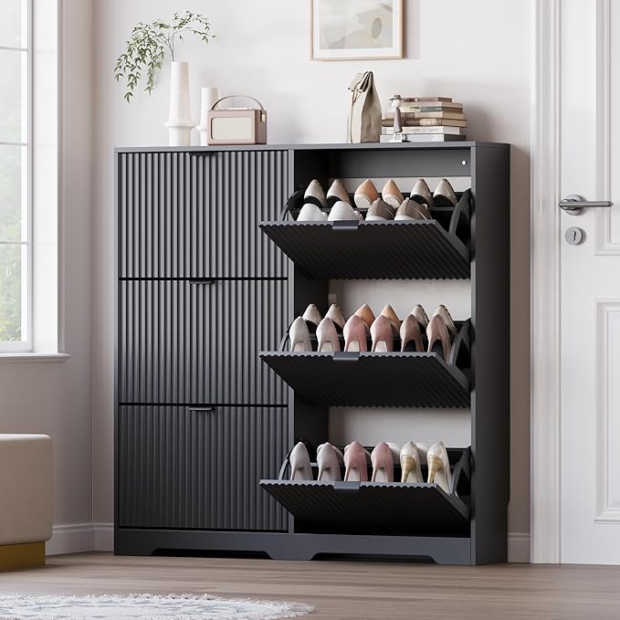 BORNOON Large Shoe Cabinet for Entryway, Tall Narrow Shoe Storage Cabinet with 6 Flip Drawers and Adjustable Shelves, Shoe Rack Cabinet Organizer for Hallway, Foyer, Small Apartment