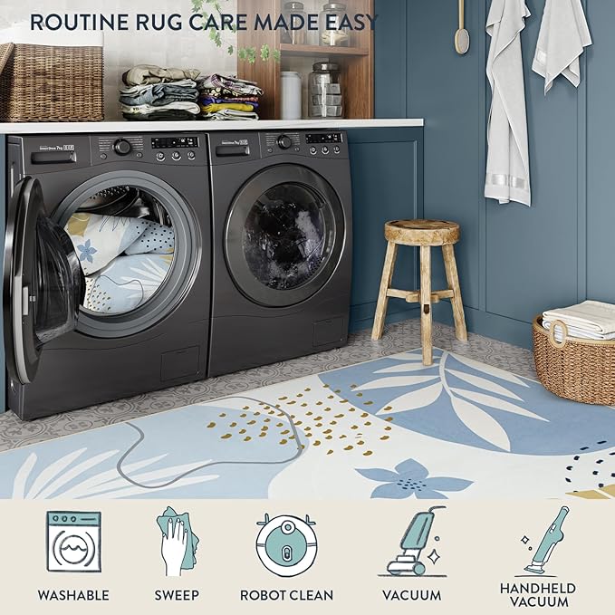 Lahome Boho Machine Washable 6x9 Area Rug for Living Room - Non-Slip Ultra-Thin Soft Bedroom Carpet, Botanical Print Indoor Rugs for Dining Room Classroom Nursery Office, Blue