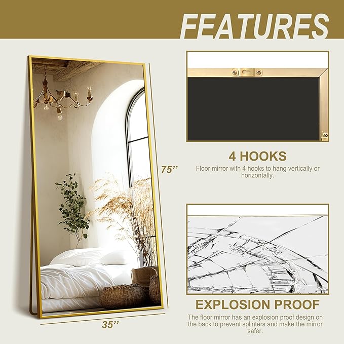 Delma Full Length Standing Mirror,Large Floor Mirror with Aluminum Frame for Bedroom, Bathroom, Living Room,Wall Mount or Freestanding Design(with Stand,Rect 75x35-Gold)