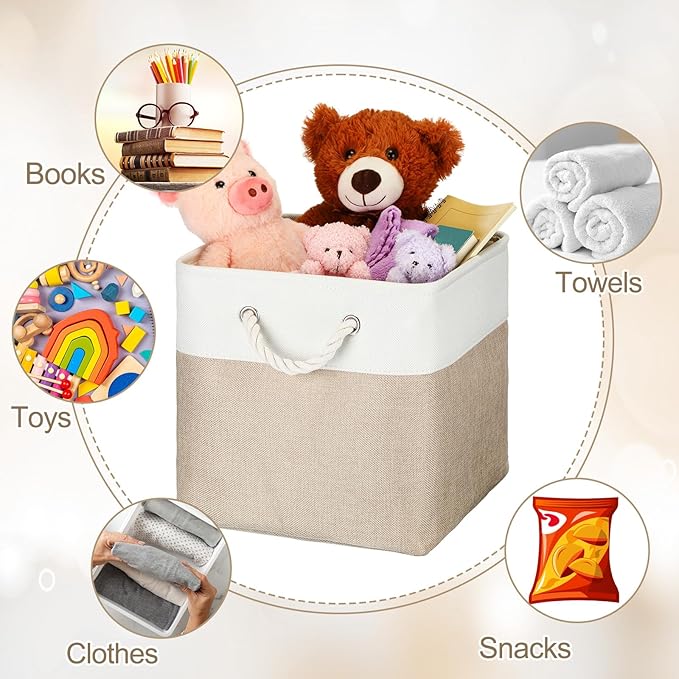 meekoo 8 Pack Collapsible Storage Bins Fabric Storage Bins Polyester Fabric Baskets with Handles Linen Closet Organizer for Shelf Home Closet Towels Toys(12 x 12 x 12 in,Beige)