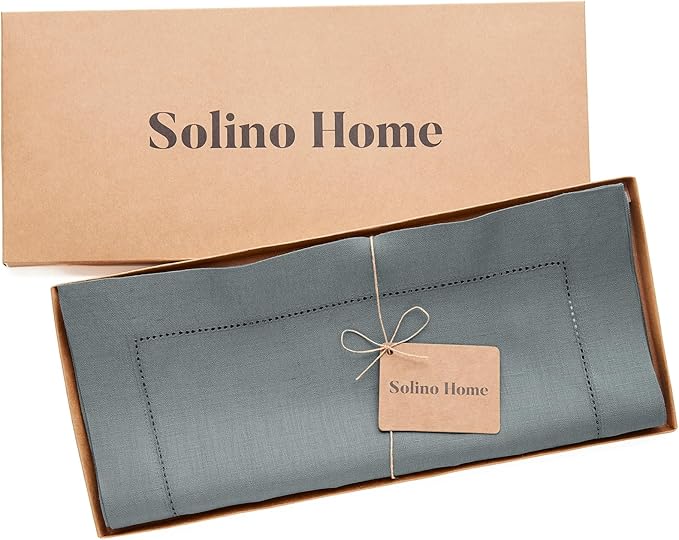 Solino Home Linen Hemstitch Table Runner 60 Inches - 100% Pure Linen Dark Grey Table Runner 14 x 60 Inch Ideal for Dresser and Coffee Tables - Classic Hemstitch