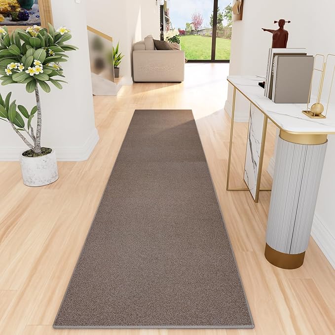 Runner Rug with Non Slip Rubber Backing, Washable Soft Floor Carpet for Kitchen, Hallway, Entryway Indoor, Bedroom, Laundry, Low Pile Area Rugs, Solid color with Pointillism style, 2*10 ft BROWN