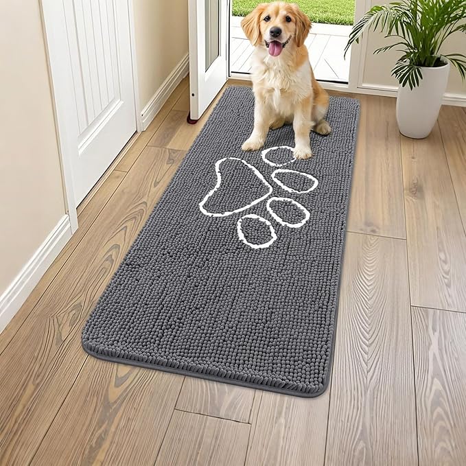 Smiry Dog Door Mat for Muddy Paws, Absorbent Dirt Trapper Non Slip Quick Dry Washable Chenille Mat for Mud Dogs, Entry Rug for Indoor and Outdoor (47x24 Inches, Dark Grey and White)