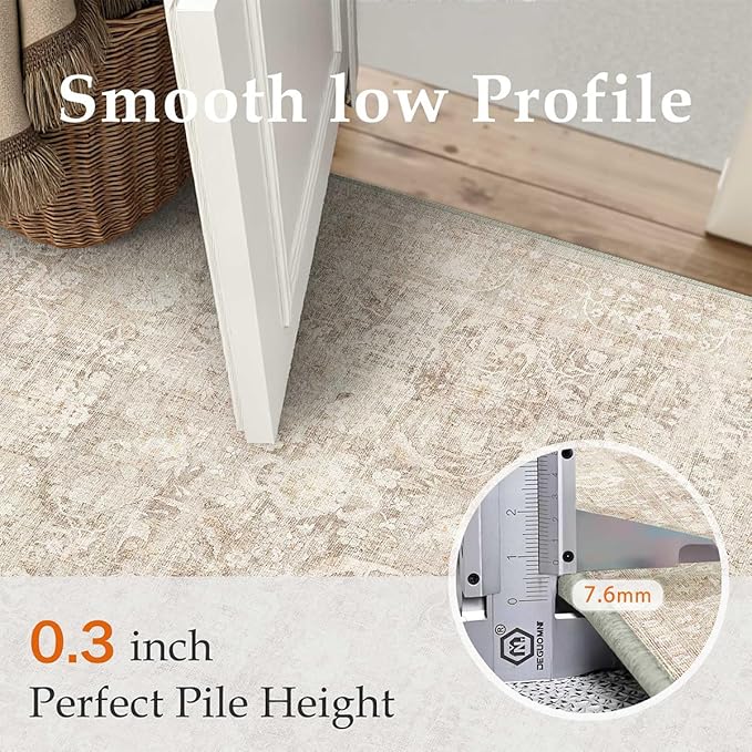 3x5 Beige Washable Area Rug for Entryway Neutral Soft Non Slip Carpet Low Pile Vintage Distressed Door Mat for Bathroom Bedroom Entrance Living Room