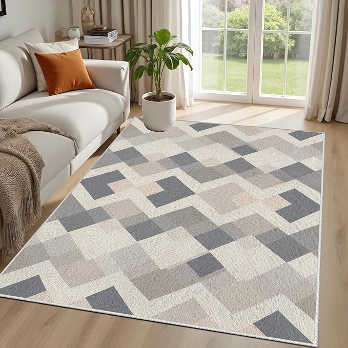Modern Area Rug Living Room Rugs 8x10, Minimalist Soft Boho Geometric Rug, Non-Slip Washable Low Pile Non Shedding Carpet for Bedroom Office Dining Room Kitchen Nursery, Gray Beige White