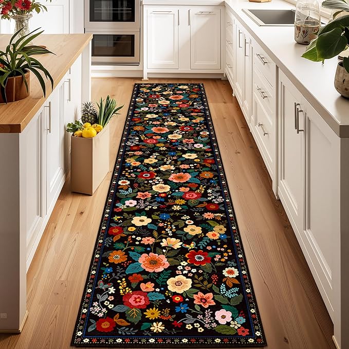 Floral 2x6 Area Rug Machine Washable Soft Print Boho Carpet Non Slip Doormat Low Pile Flower Area Rugs for Living Room Bedroom Nursery Kitchen Dining Room Indoor-Black