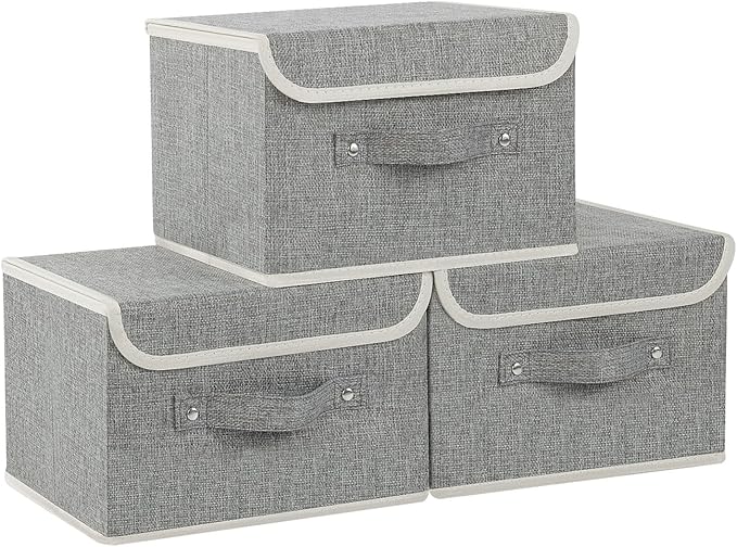Storage Boxes, Collapsible Storage Bins with Lids, Cotton and linen cloth Storage Baskets with Handle, for Books, Closet, Bedroom, Home, Grey, 3 Pack 10.2 X 7.9 X 6.7in