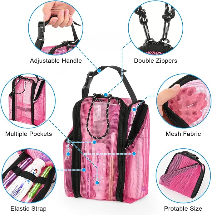 Cosmos Mesh Shower Caddy Toiletry Organizer Hanging Shower Tote Bag, Quick Dry Shower Organizer Portable Bath Bag with Durable Zippers & Side Pockets for Travel Gym Swimming Beach & Camp (Hot Pink)
