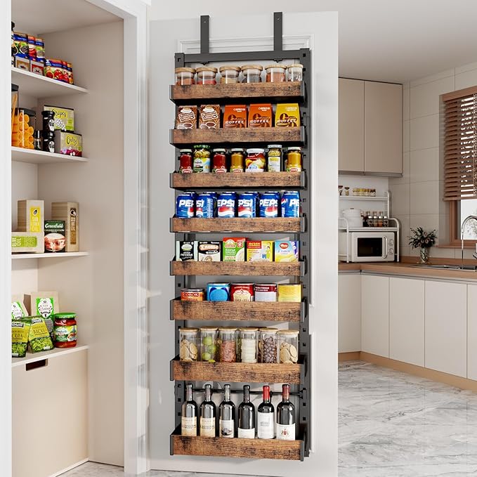 8-Tier Over The Door Pantry Organizer, Heavy-Duty Metal Wall Mount or Hanging Spice Rack, behind the door storage Shelves with Adjustable Basket, Back of Door Organizer for Kitchen Cabinet and Closet
