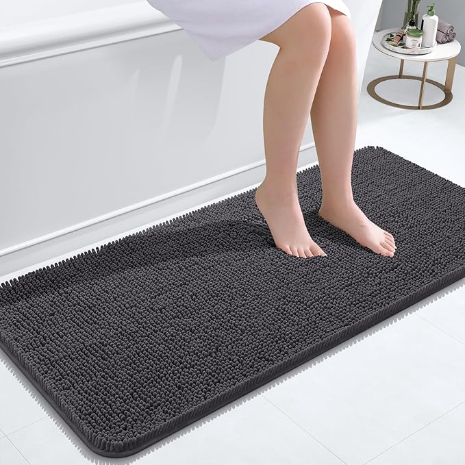 OLANLY Bathroom Rugs 47x20, Extra Soft Absorbent Chenille Bath Rugs, Rubber Backing Quick Dry, Machine Washable Bath Mats for Bathroom Floor, Tub and Shower, Home Decor Accessories, Dark Grey