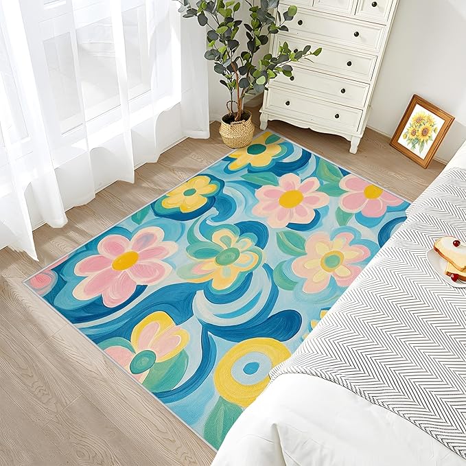 6x8 Rug Non Silp - Floral Rugs for Living Room, Modern Artistic Flower Low Pile Machine Washable Area Rugs for Bedroom, Floral Carpet House Decor & Gifts