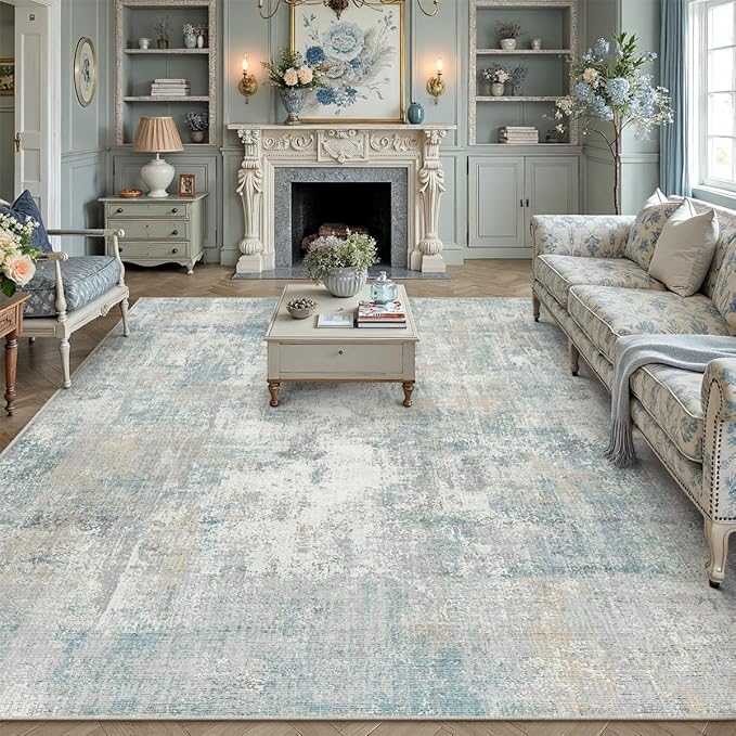 8x10 Washable Area Rug Blue Cream Abstract Living Room Bedroom Carpet Neutral Modern Non-Slip Soft Low Pile Lightweight Vacuumable Large Throw Rug for Dining Room