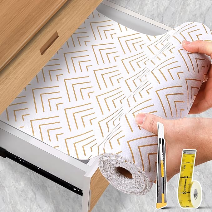 Shelf Liner for Kitchen Cabinets Non Adhesive Drawer Liner Non-Slip Thickened Shelf Liner Paper Strong Easy to Clean for Tool Box Refrigerator with Knife and Tape Measure, Gold Arrow, 11.8 x 354.3 in