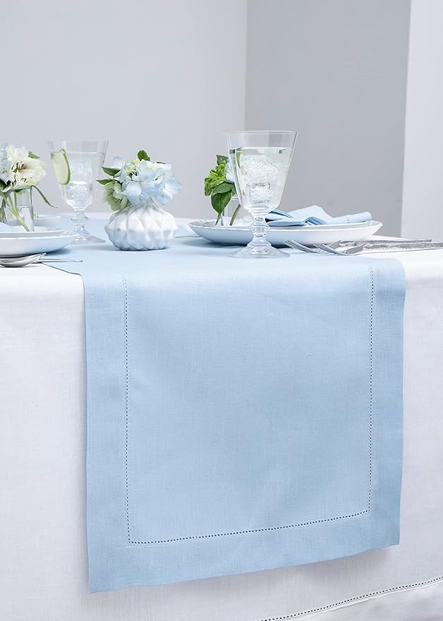Solino Home Linen Sky Blue Table Runner 72 Inches Long - 100% Pure Linen Hemstitch Table Runner 14 x 72 Inch for Dresser, Dining, Holiday, Christmas, New Year - Classic Hemstitch