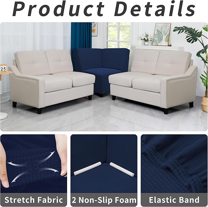 Easy-Going Stretch Sectional Corner Sofa Slipcover 1-Piece Couch Sofa Cover Furniture Protector Soft with Elastic Bottom for Kids, Pet, Spandex Jacquard Fabric Navy
