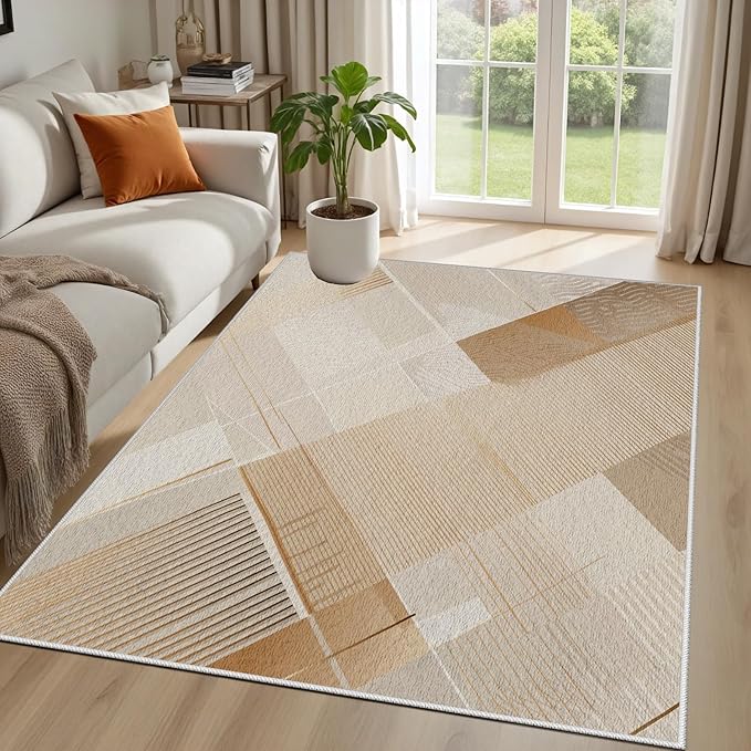 Minimalist Abstract Area Rug 4x5 Brown Boho, Modern Washable Stripe Art Rugs, Soft Non-Slip Low-Pile Carpet for Living Room, Bedroom, Kitchen, Dining Room, Pet Friendly, Non-Shedding, Beige