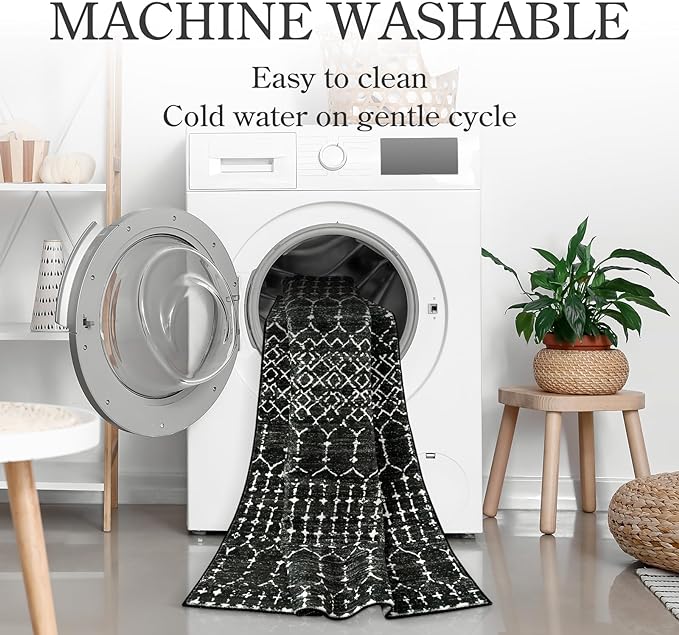 Lahome Moroccan Black Rug for Bedroom Washable Area Rugs 4x6 Non-Slip Ultra-Thin Living Room Carpet Stain Resistant Throw Entryway Indoor Mat, Geometric Print Modren Carpet Rug for Office Kitchen