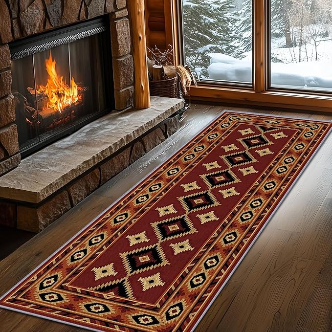 Burgundy Diamond Runner Rug, 4x10ft Hallway Runner Rugs - Corridor & Foyer Area Rugs, Non-Slip Mat Durable Rug, Washable Flannel Material, Southwestern Geometric Home Decor Carpet