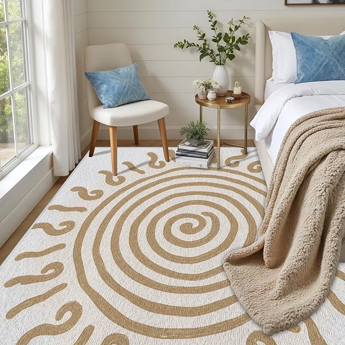 Boho Washable Rugs for Bedroom 3x5, Modern Sun Print Soft Minimalism Area Rug, Non Slip Low Pile Abstract Carpet for Classroom Living Room Decor Dining Room, Beige Yellow