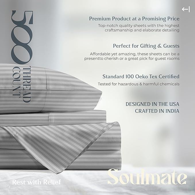 Mayfair Linen 100% Cotton Striped Sheets King Size Bed Set - 500 Thread Count Damask Sheets King Size 4 PC Set (Silver Grey Stripe), Soft, Cooling, Sateen Weave Hotel-Quality 16" Deep Pocket Bedsheet