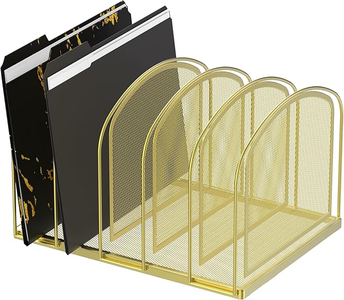 SUPEASY File Organizer for Desk, 5-Section Mesh Desk Organizer, Vertical File Holder Desktop Organizer File Sorter, File Folder Holder for Office Supplies, Gold