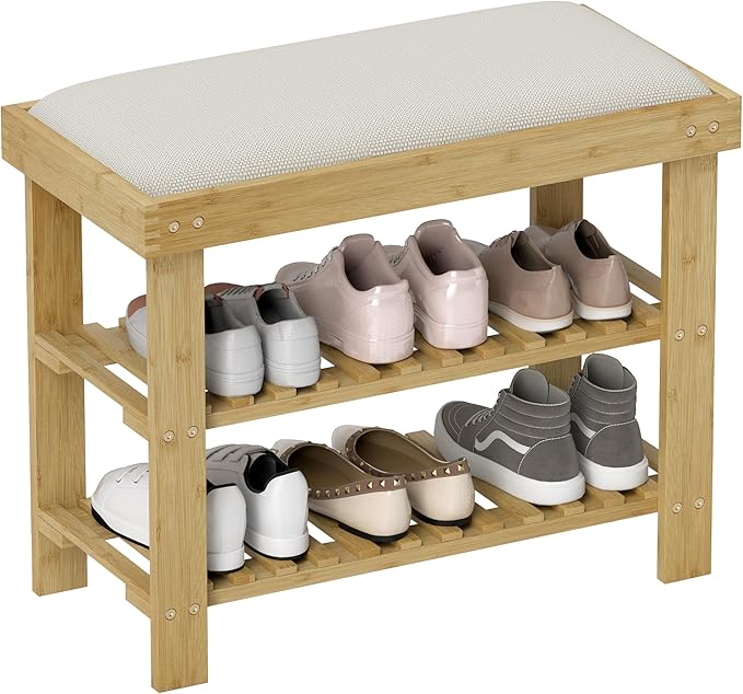 HOMCOM Bamboo Shoe Bench, 3-Tier Entryway Bench with Storage and Cushion, Shoe Organizer for Entryway, Hallway, Holds Up to 331 lbs, 23.6 x 11.4 x 19.3 Inches, Natural