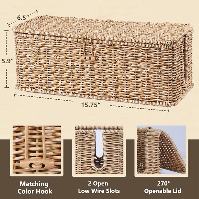 BROWNLILY Cable Management Box, Rattan Style Cord Organizer for Desk Cord Hider Outlet Covers Baby Proofing for Power Strip TV PC Router Charger Under Desk Storage with Lockable Lid and Cable Ties