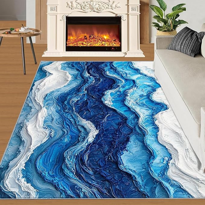 2x3 Ocean Waves Rugs for Entryway - Abstract Waves Small Area Rugs, Abstract Art Laundry Room Carpet Non Slip Accent Throw Rug for Bathroom Kitchen Sink Front Door