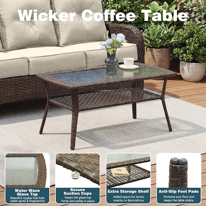 Patio Furniture Set, High Back Rattan Sofa & Swivel Rocker Chairs, Weather