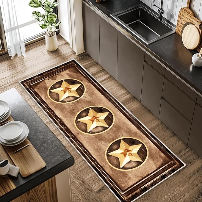 Gold Five-Point Star Runner Rug, 4x12ft Washable Hallway Badge Carpet, Corridor Accent Rugs, Stylish Decorative Runner for Home Hallway & Foyer, Vintage Style Non-Slip Mat
