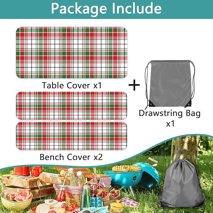 Red Green White Plaid Picnic Table Cover with Bench Covers and Bag, Camping Essentials, Water Resistant Windproof, Fitted Tablecloth Cover with Elastic Edge, for Indoor & Outdoor 3 PCS, 30x96 Inch