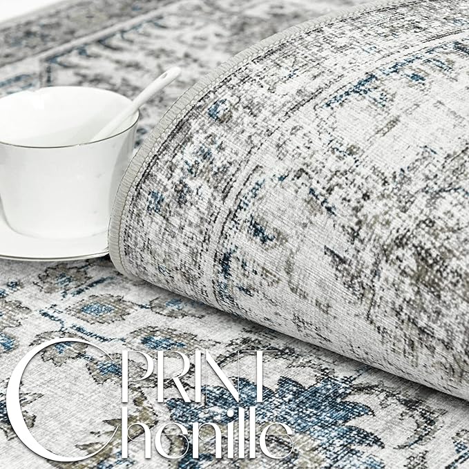 jinchan Kalen Round Rug 6ft Area Rug Washable Vintage Indoor Retro Floor Cover Distressed Floral 6' Round Circle Boho Non Slip Thin Carpet for Living Room Dining Room Bedroom Kitchen Blue