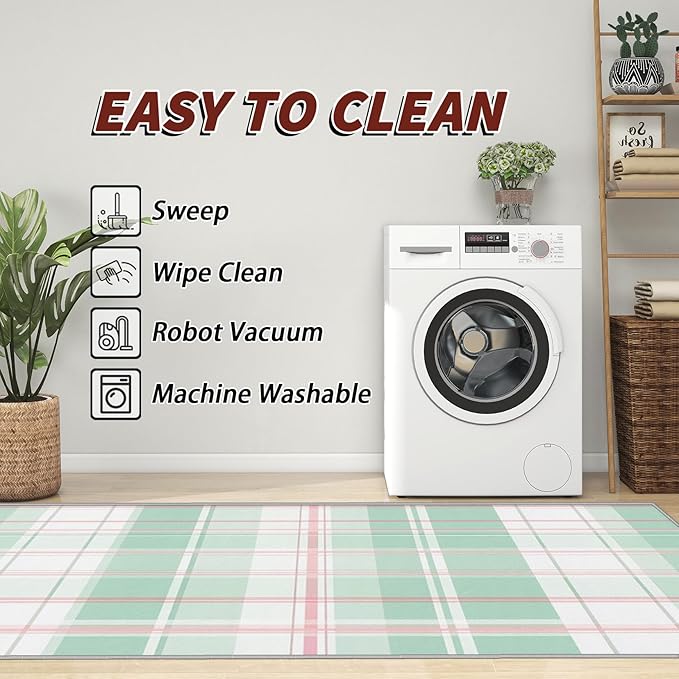 Plaid Rug 3x5 - Mint Green Tartan Gingham Rugs for Bedroom Non Slip Low Pile Machine Washable Area Rugs for Living Room Kitchen, Plaid Carpet House Decor & Gifts