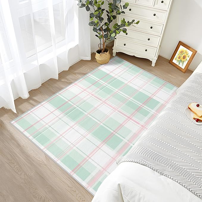 Plaid Rugs for Bedroom - 4x5ft - Mint Green Tartan Gingham Rugs for Living Room Non Slip Low Pile Machine Washable Area Rug, Plaid Carpets Home Decor & Gifts