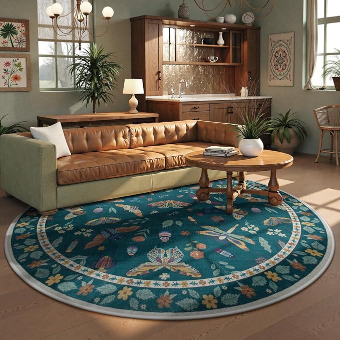 Lahome Insect Washable Round Area Rug, Soft Round Rugs 6ft Ultra-Thin Non-Slip, Boho Large Circle Carpet for Bedroom Living Room Kitchen Nursery, Dark Green