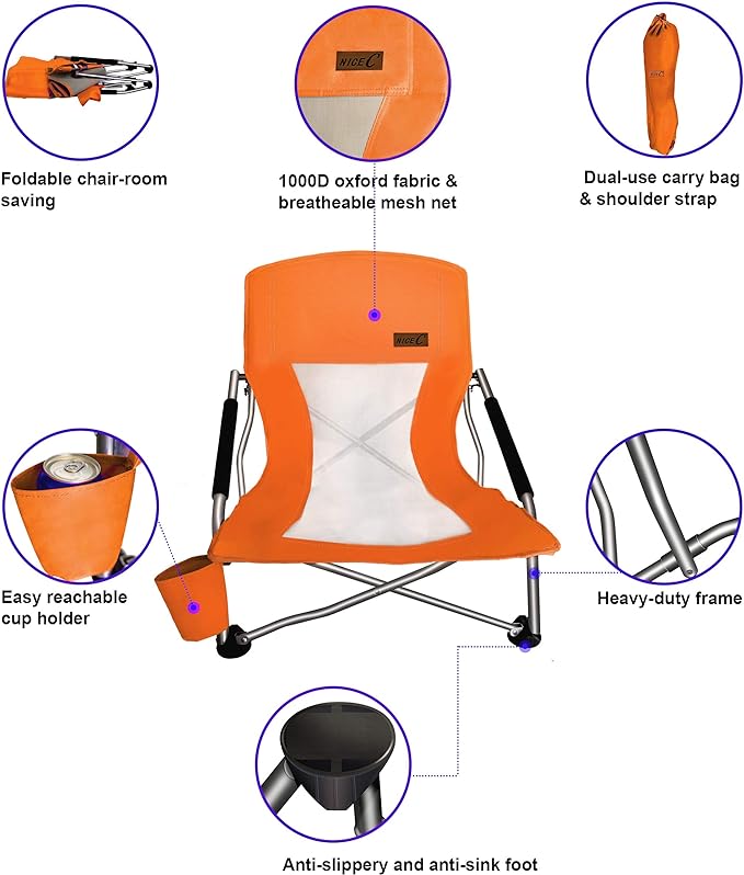 Nice C Low Beach Chair, Beach Chairs for Adults 2 Pack, Sling, Folding, Portable, Concert, Kids, Boat, River, Sand Chair, Sillas De Playa, with Cup Holder & Carry Bag (Set of 2 Orange)