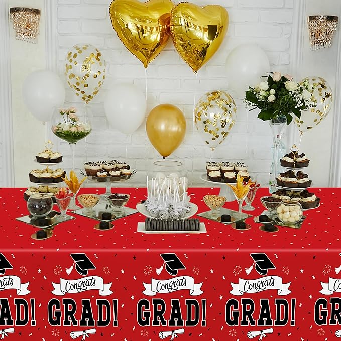 2 PCS Graduation Tablecloth, 108" X 54" Red Graduation Table Decorations 2026, Disposable Plastic Tablecover for Grad Decor Party Supplies, Rectangle Table Cloths for Class 2026 Congrats Grad for kids