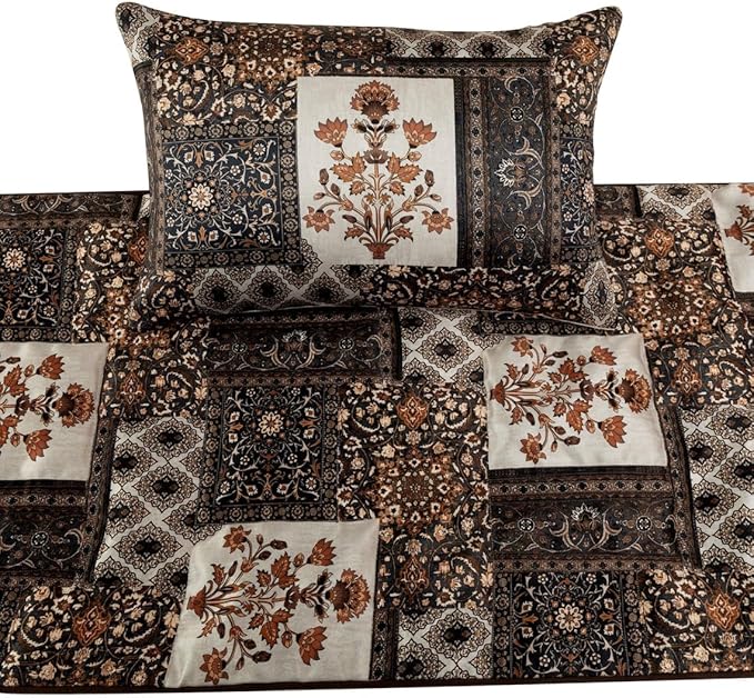 The HomeCentric King/Queen/Twin Brown Decorative Twin 53"x18" Bed Runner with 2 Pillow Cover Quilted Bed Scarf on Satin Fabric - Parisa