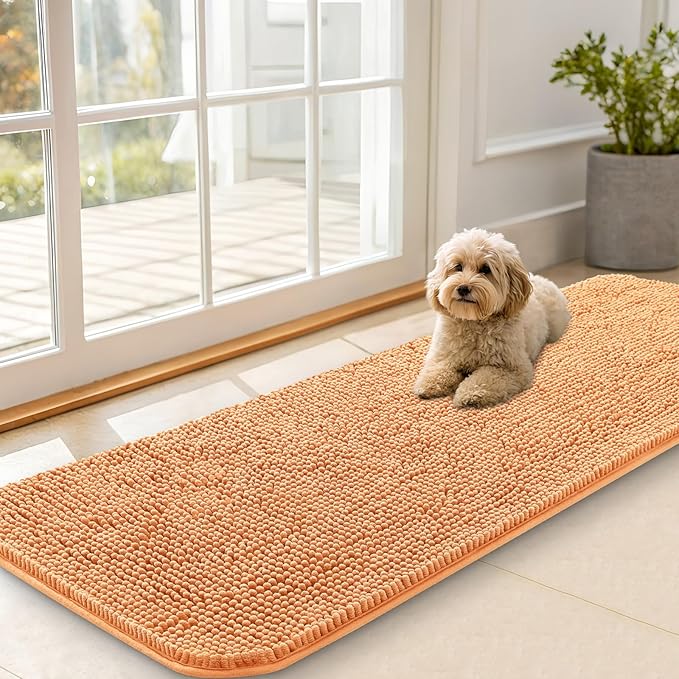 OLANLY Dog Door Mat for Muddy Paws 59x20, Absorbs Moisture and Dirt, Absorbent Non-Slip Washable Doormat, Quick Dry Chenille Mud Mat for Dogs, Entry Indoor Entryway Carpet for Inside Floor, Orange